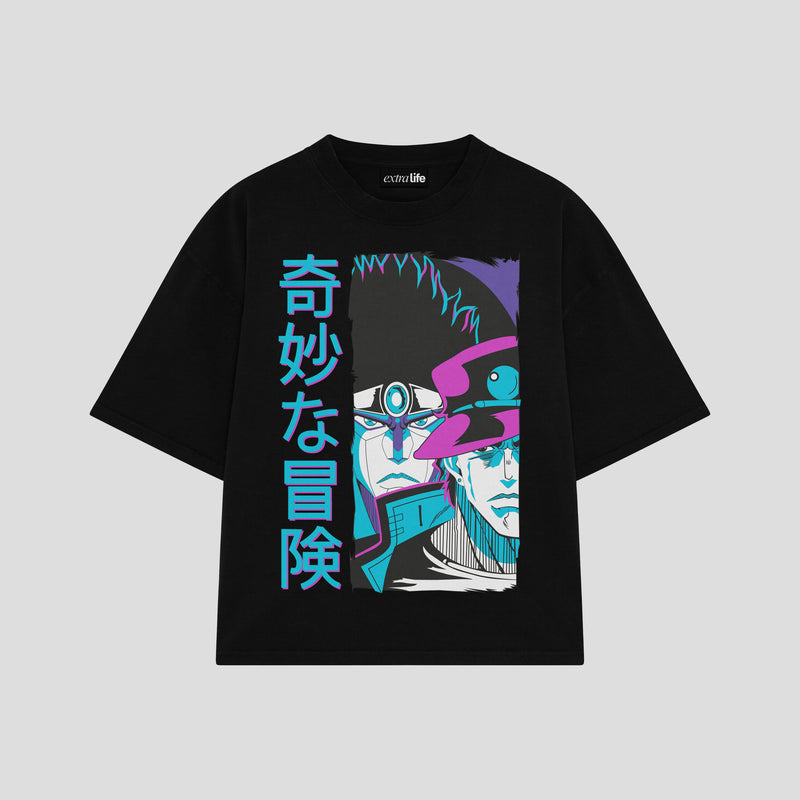 Playera streetwear premium de anime y gaming ExtraLife MX, corte boxy oversized drop shoulder heavyweight en color Deep Black y Off-White, moda urbana mexicana de culto.