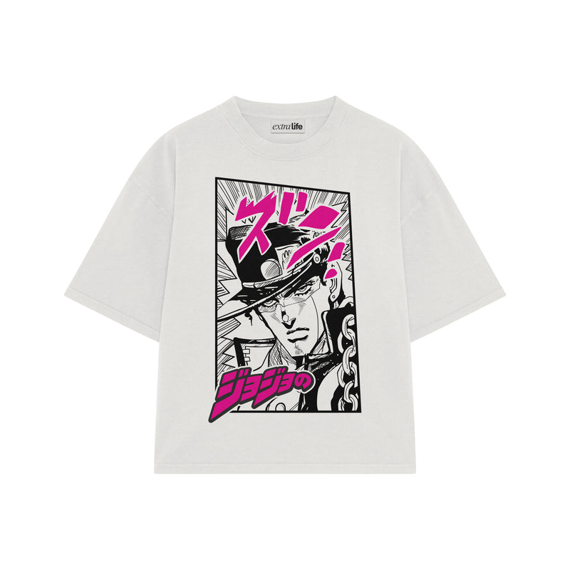 Playera streetwear premium de anime y gaming ExtraLife MX, corte boxy oversized drop shoulder heavyweight en color Deep Black y Off-White, moda urbana mexicana de culto.