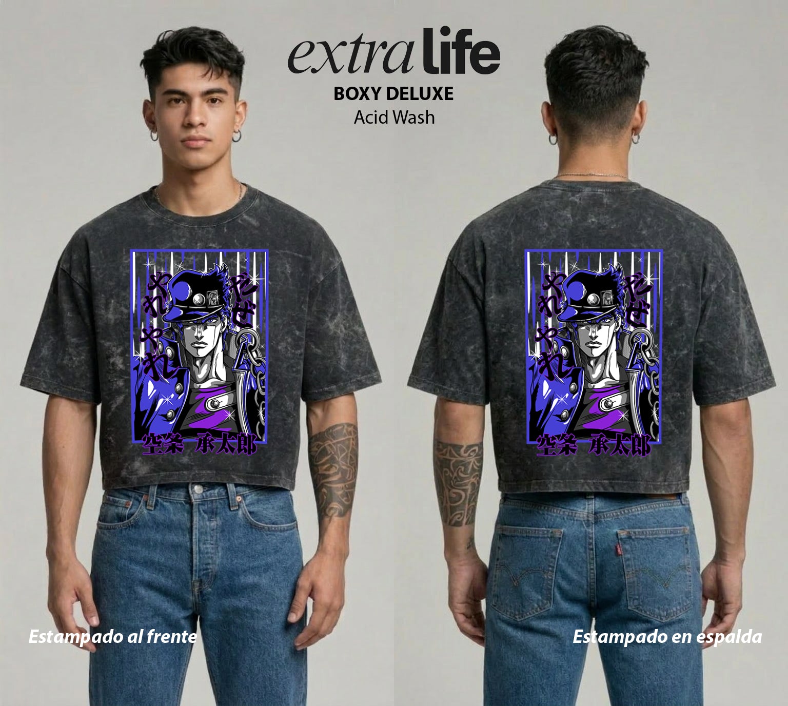 Playera streetwear premium de anime y gaming ExtraLife MX, corte boxy deluxe mineral wash heavyweight en color Acid Wash, moda urbana mexicana de culto.