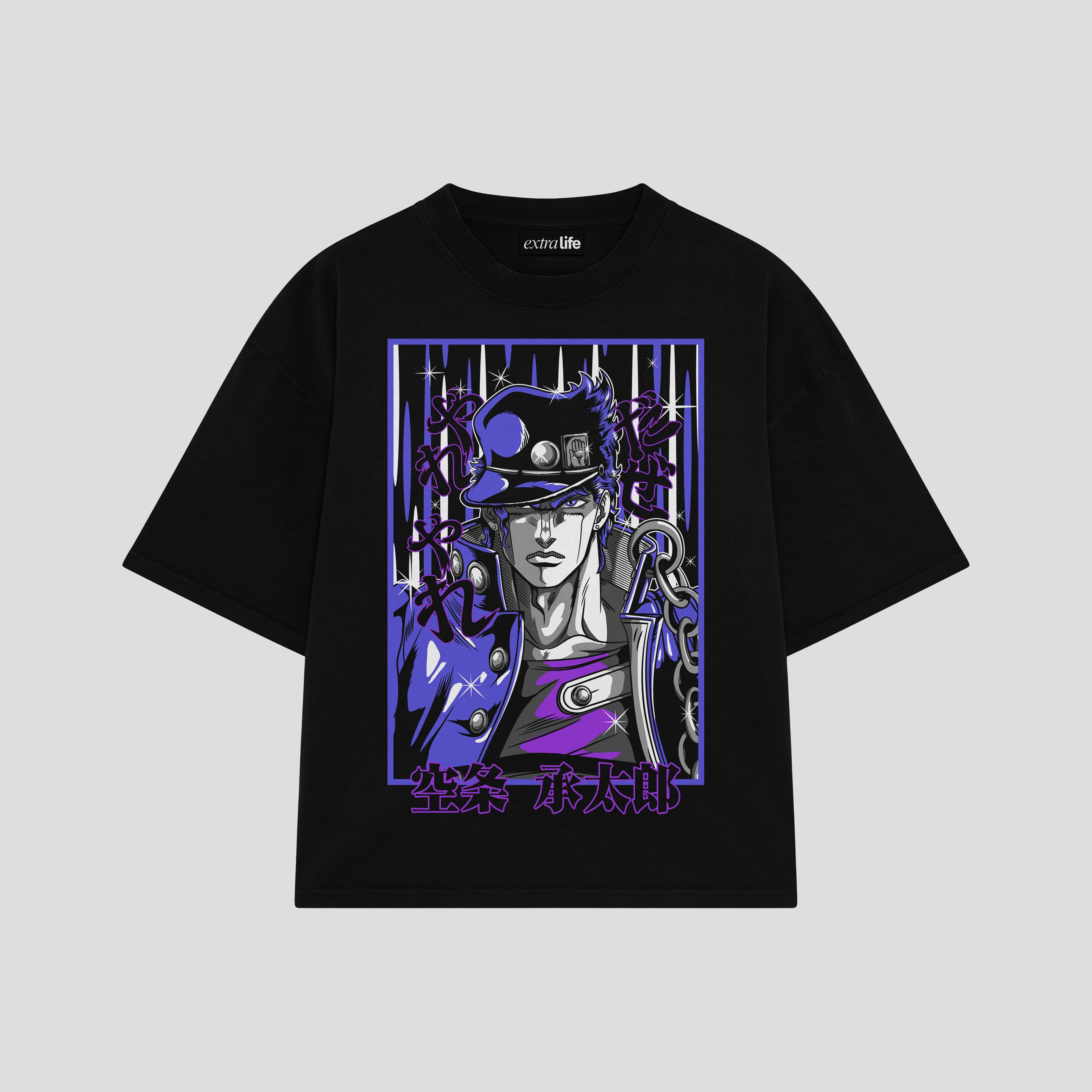 Playera streetwear premium de anime y gaming ExtraLife MX, corte boxy oversized drop shoulder heavyweight en color Deep Black y Off-White, moda urbana mexicana de culto.