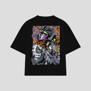 Playera streetwear premium de anime y gaming ExtraLife MX, corte boxy oversized drop shoulder heavyweight en color Deep Black y Off-White, moda urbana mexicana de culto.