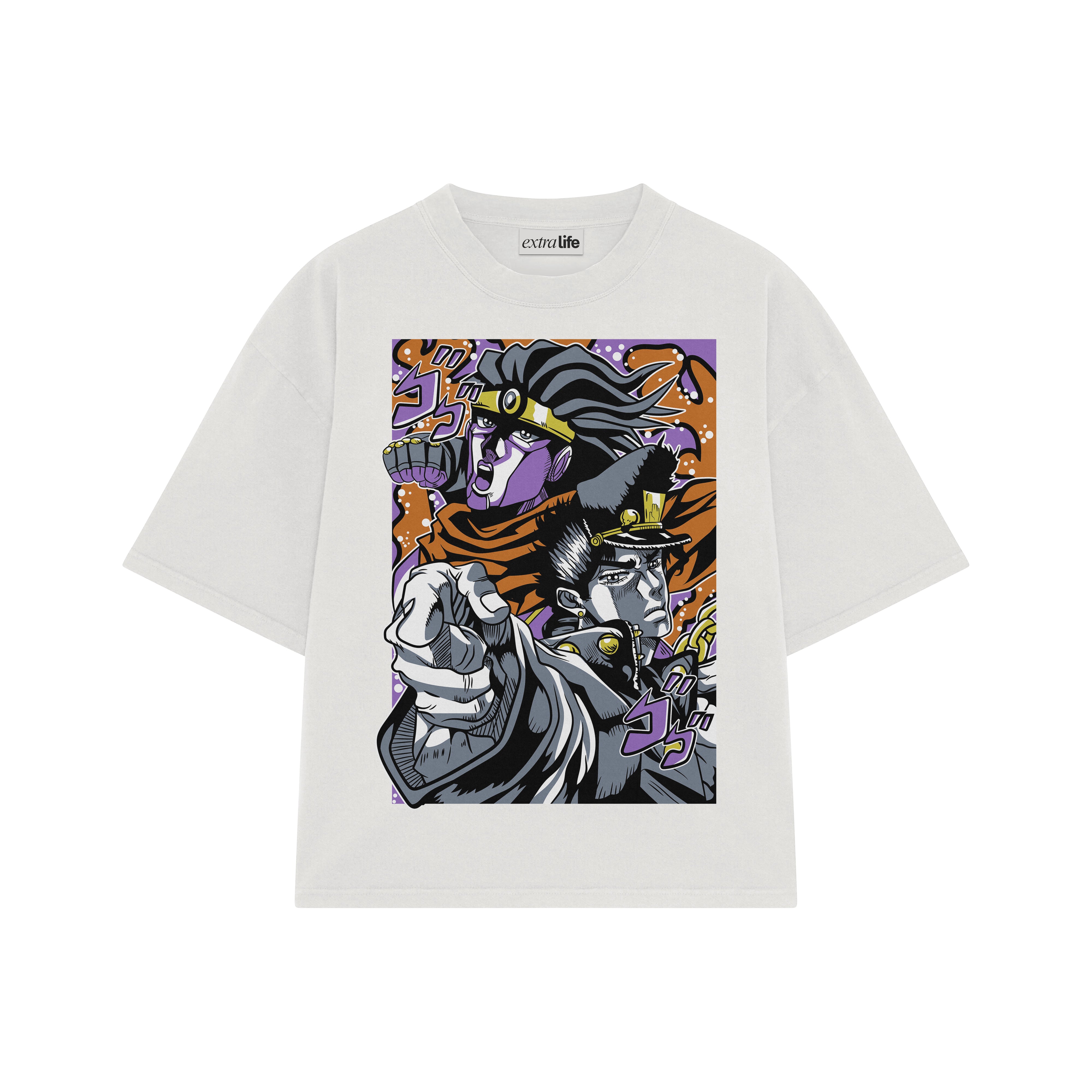 Playera streetwear premium de anime y gaming ExtraLife MX, corte boxy oversized drop shoulder heavyweight en color Deep Black y Off-White, moda urbana mexicana de culto.