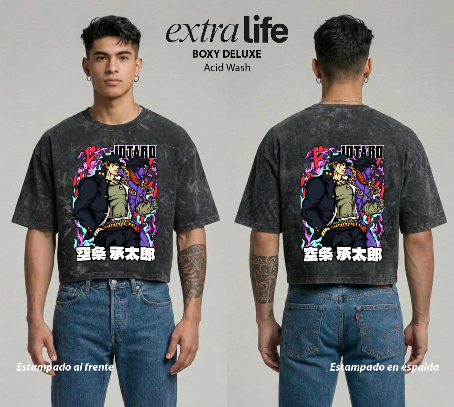 Playera streetwear premium de anime y gaming ExtraLife MX, corte boxy deluxe mineral wash heavyweight en color Acid Wash, moda urbana mexicana de culto.