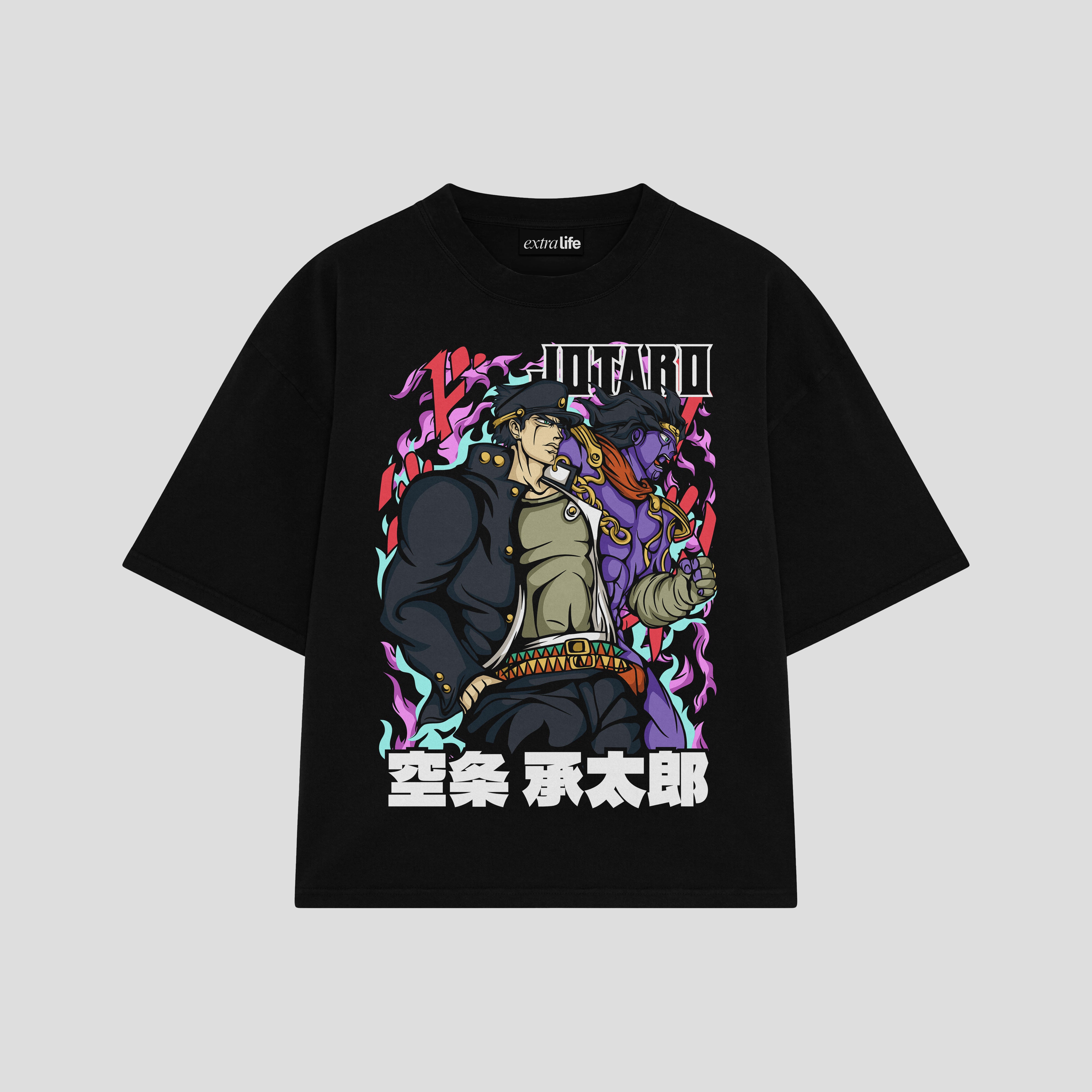 Playera streetwear premium de anime y gaming ExtraLife MX, corte boxy oversized drop shoulder heavyweight en color Deep Black y Off-White, moda urbana mexicana de culto.