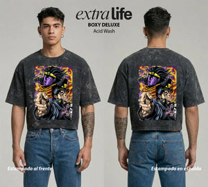 Playera streetwear premium de anime y gaming ExtraLife MX, corte boxy deluxe mineral wash heavyweight en color Acid Wash, moda urbana mexicana de culto.