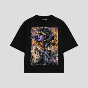 Playera streetwear premium de anime y gaming ExtraLife MX, corte boxy oversized drop shoulder heavyweight en color Deep Black y Off-White, moda urbana mexicana de culto.