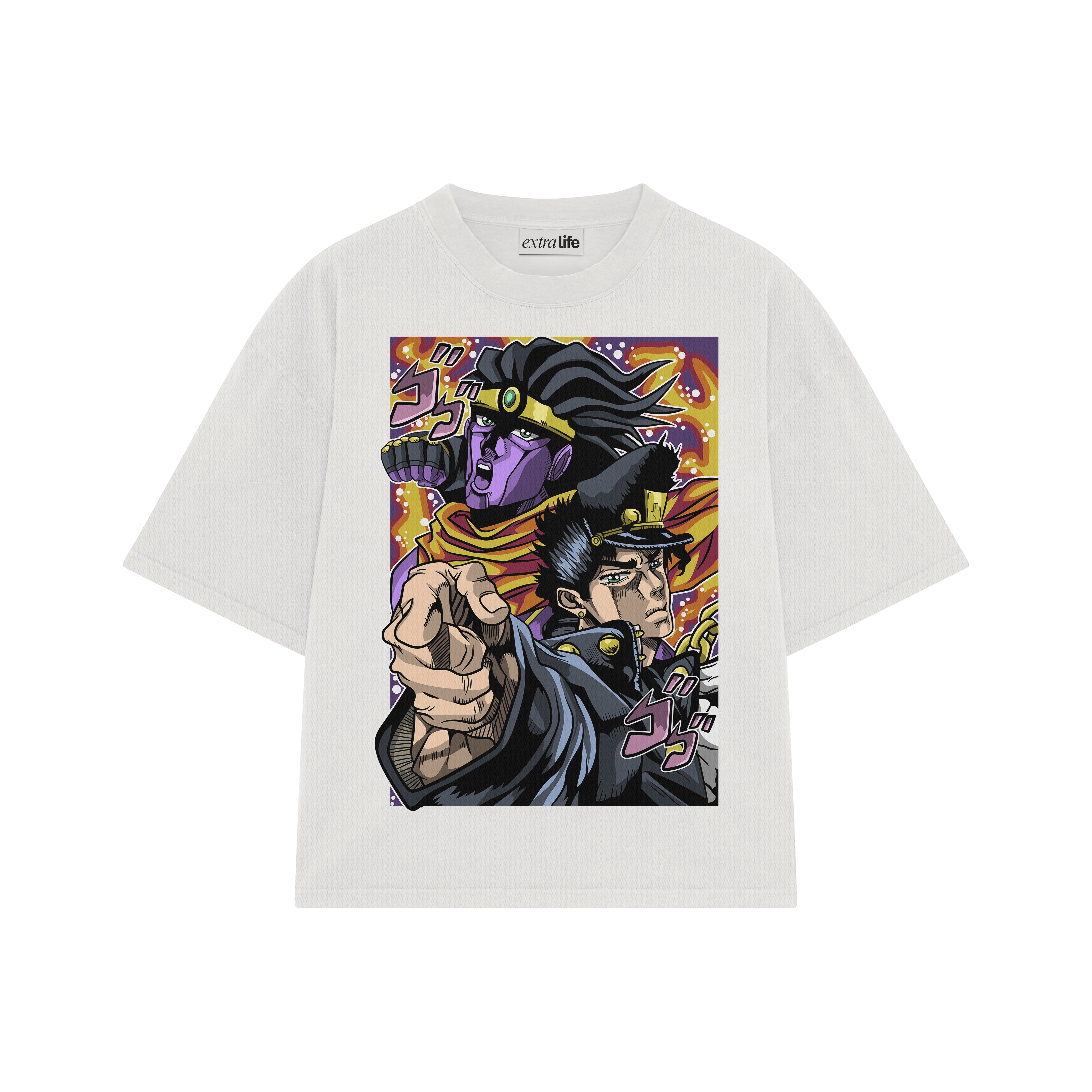 Playera streetwear premium de anime y gaming ExtraLife MX, corte boxy oversized drop shoulder heavyweight en color Deep Black y Off-White, moda urbana mexicana de culto.