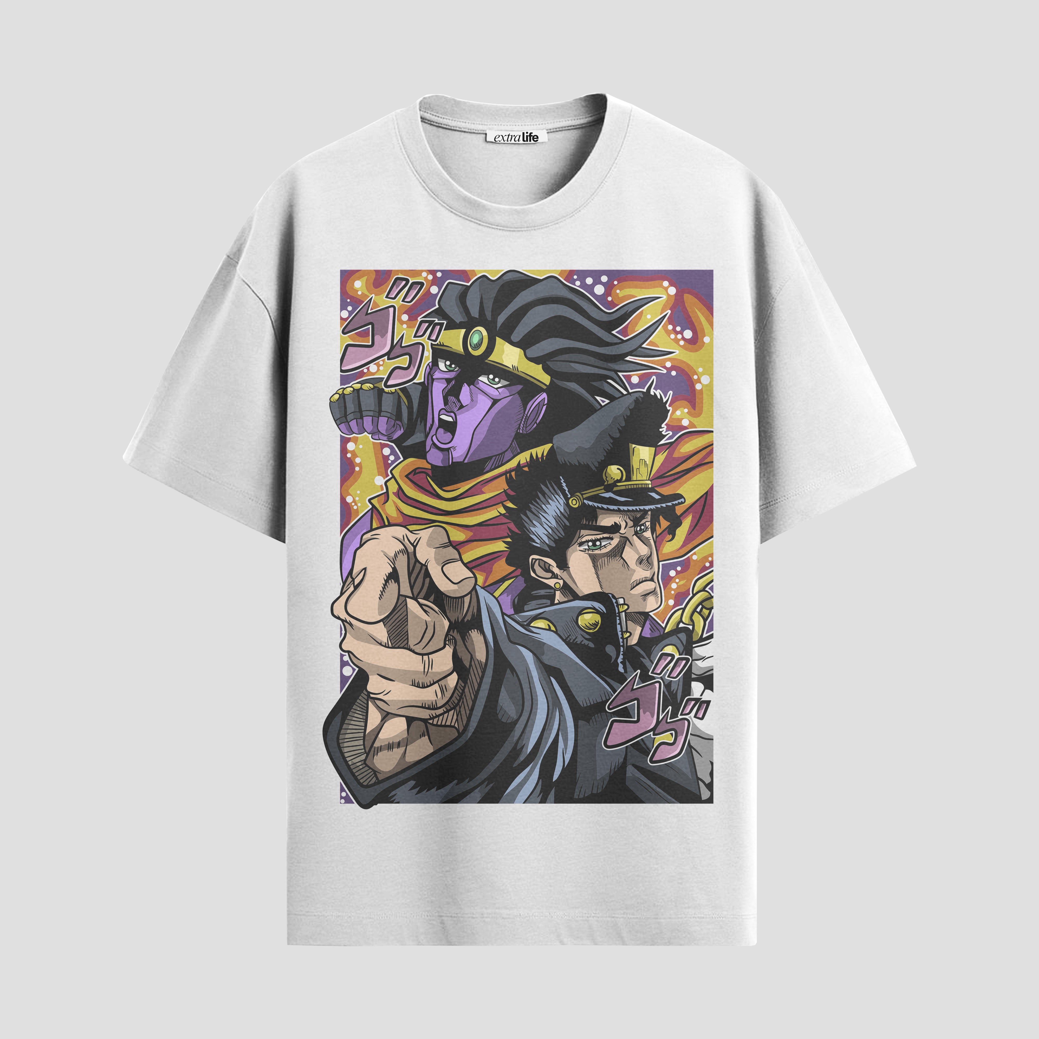 Playera urbana de anime y gaming ExtraLife MX, corte Standard Fit unisex ligero y transpirable en color Deep Black y Pure White, ropa de uso diario para gym y casual.