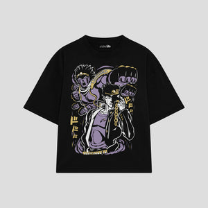 Playera streetwear premium de anime y gaming ExtraLife MX, corte boxy oversized drop shoulder heavyweight en color Deep Black y Off-White, moda urbana mexicana de culto.