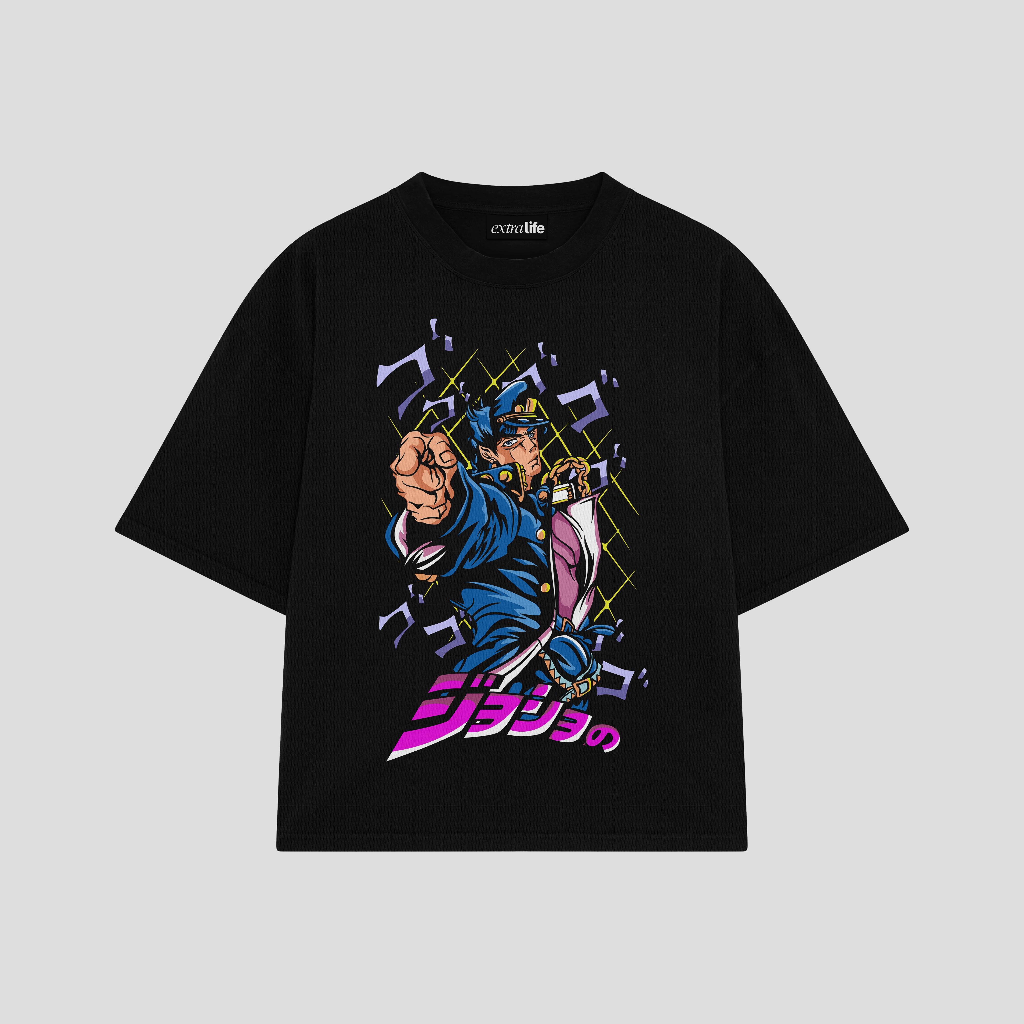 Playera streetwear premium de anime y gaming ExtraLife MX, corte boxy oversized drop shoulder heavyweight en color Deep Black y Off-White, moda urbana mexicana de culto.