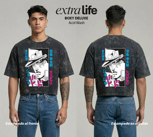 Playera streetwear premium de anime y gaming ExtraLife MX, corte boxy deluxe mineral wash heavyweight en color Acid Wash, moda urbana mexicana de culto.