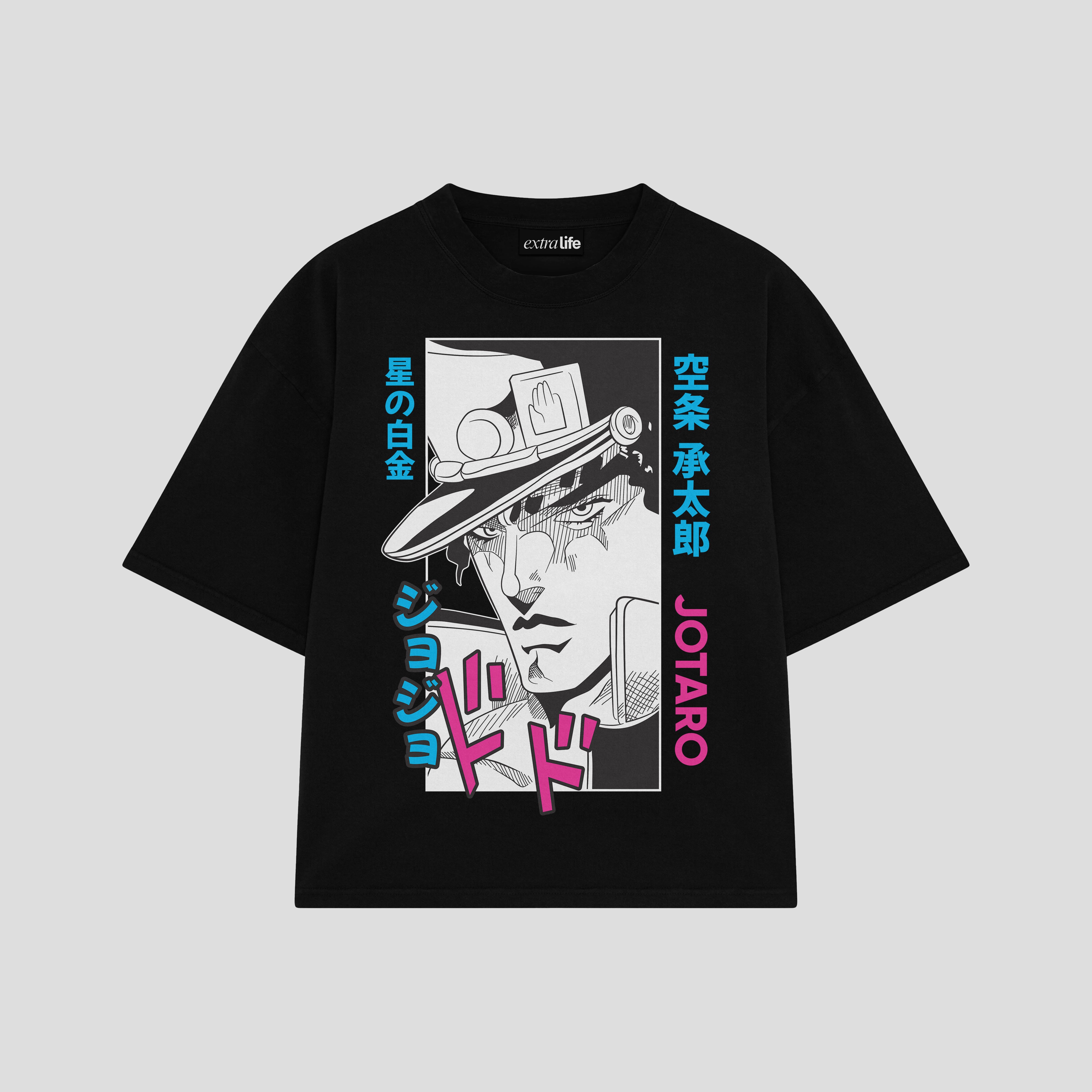 Playera streetwear premium de anime y gaming ExtraLife MX, corte boxy oversized drop shoulder heavyweight en color Deep Black y Off-White, moda urbana mexicana de culto.