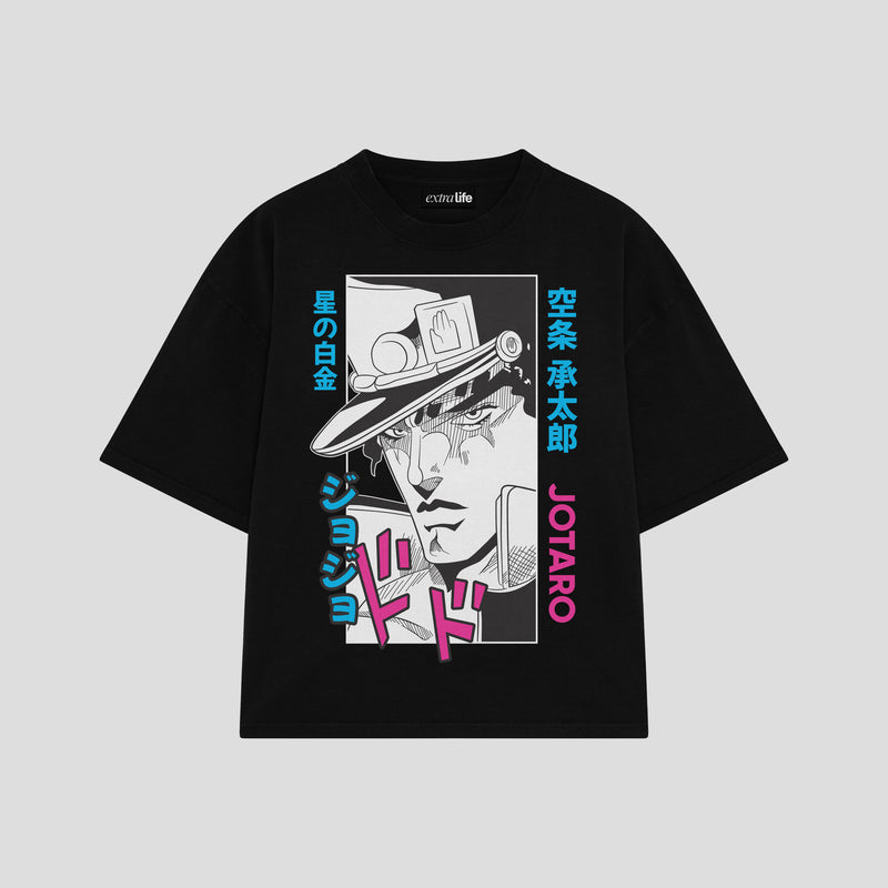 Playera streetwear premium de anime y gaming ExtraLife MX, corte boxy oversized drop shoulder heavyweight en color Deep Black y Off-White, moda urbana mexicana de culto.