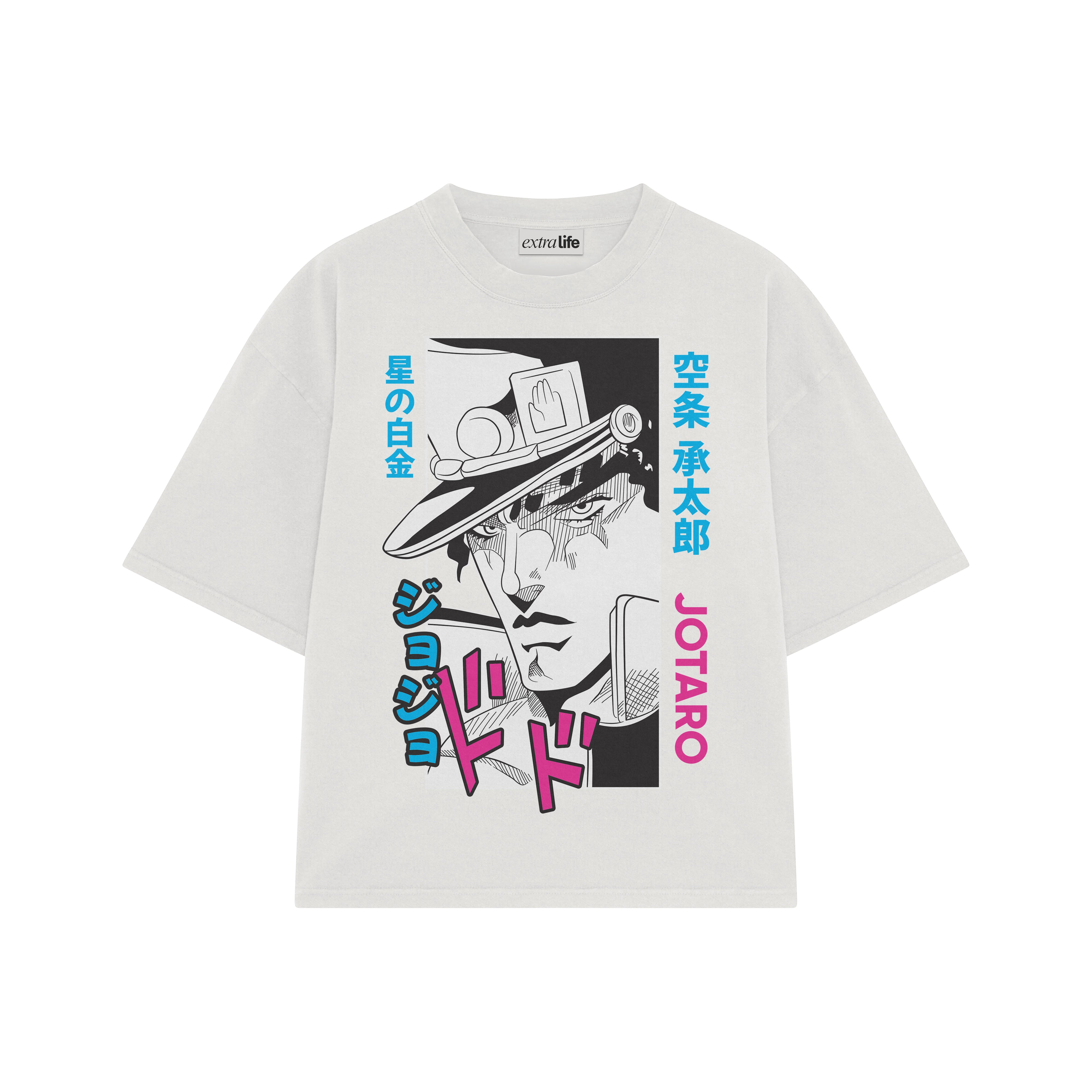 Playera streetwear premium de anime y gaming ExtraLife MX, corte boxy oversized drop shoulder heavyweight en color Deep Black y Off-White, moda urbana mexicana de culto.