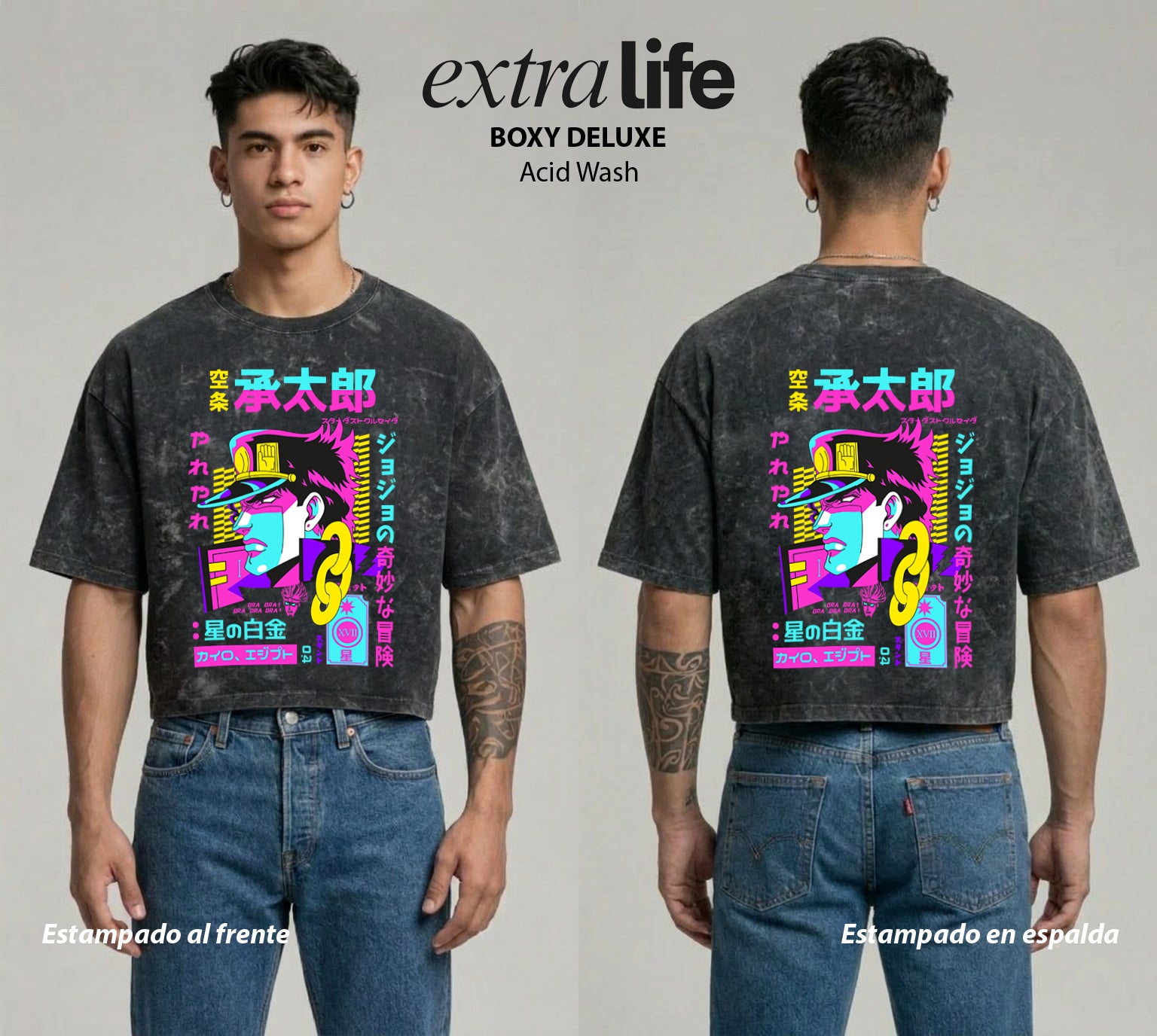 Playera streetwear premium de anime y gaming ExtraLife MX, corte boxy deluxe mineral wash heavyweight en color Acid Wash, moda urbana mexicana de culto.