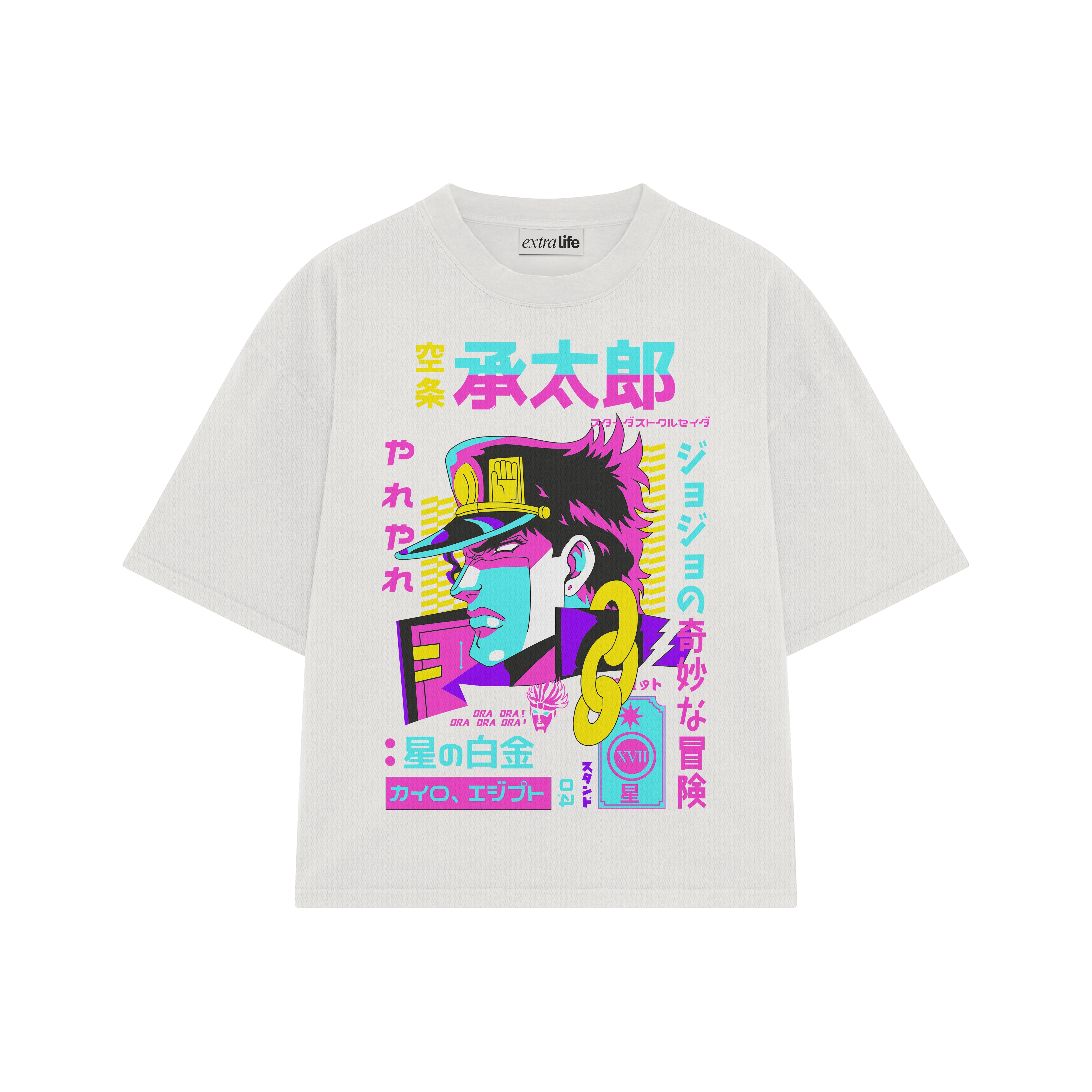 Playera streetwear premium de anime y gaming ExtraLife MX, corte boxy oversized drop shoulder heavyweight en color Deep Black y Off-White, moda urbana mexicana de culto.
