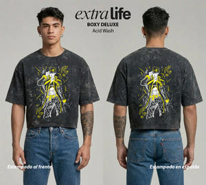 Playera streetwear premium de anime y gaming ExtraLife MX, corte boxy deluxe mineral wash heavyweight en color Acid Wash, moda urbana mexicana de culto.
