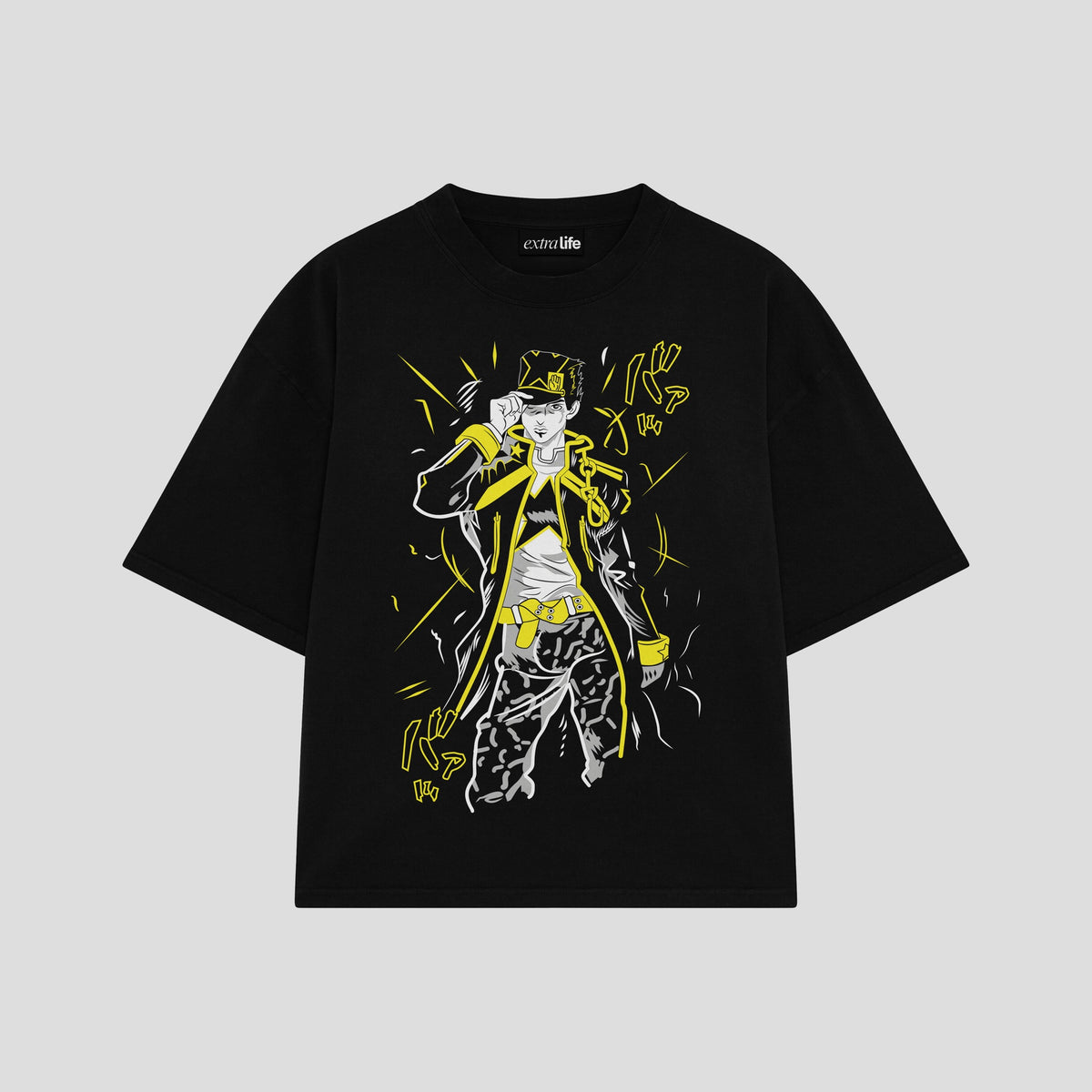 Playera streetwear premium de anime y gaming ExtraLife MX, corte oversized drop shoulder ligero y fresco en color Deep Black y Off-White, moda urbana mexicana de culto.