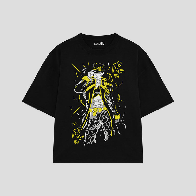 Playera streetwear premium de anime y gaming ExtraLife MX, corte boxy oversized drop shoulder heavyweight en color Deep Black y Off-White, moda urbana mexicana de culto.