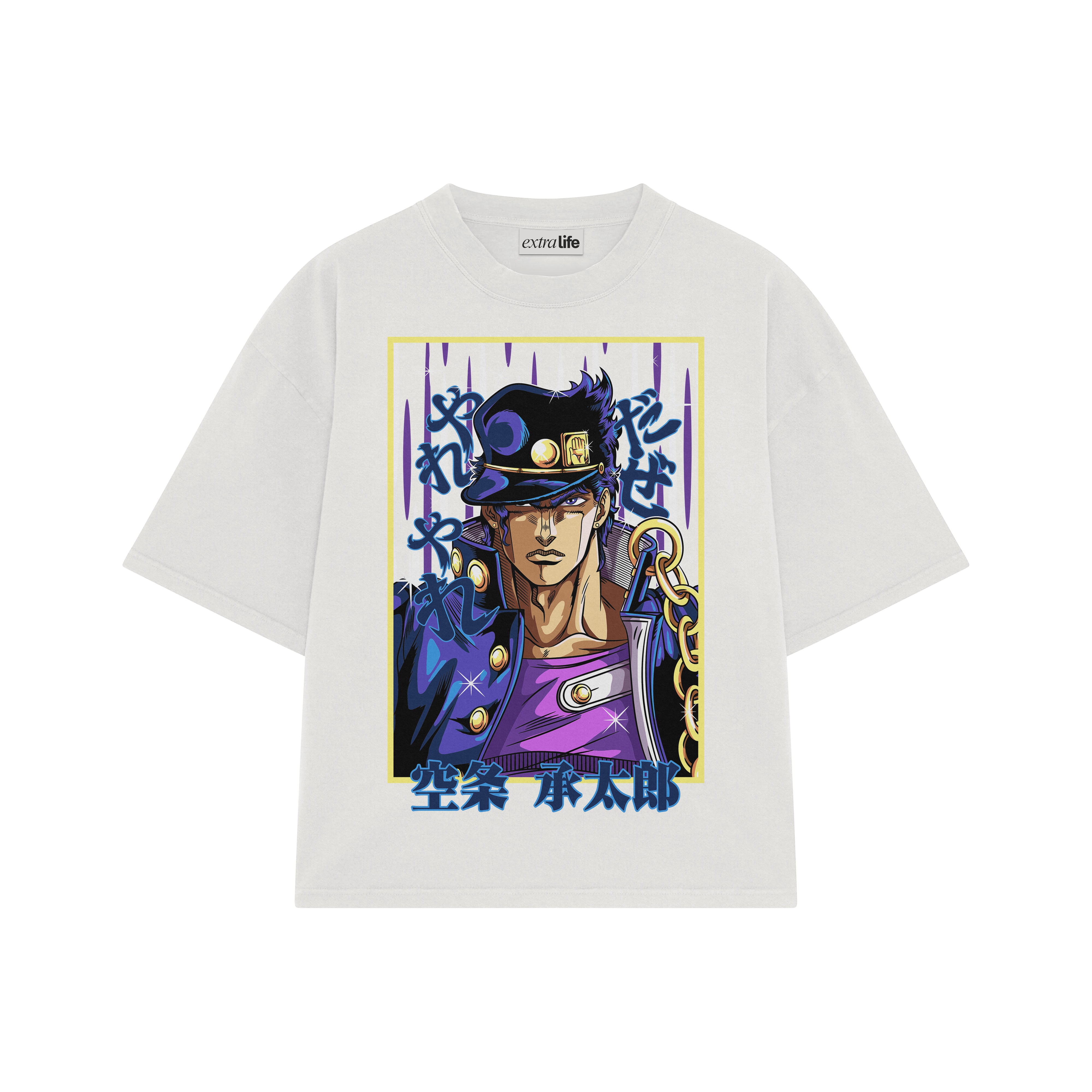 Playera streetwear premium de anime y gaming ExtraLife MX, corte boxy oversized drop shoulder heavyweight en color Deep Black y Off-White, moda urbana mexicana de culto.