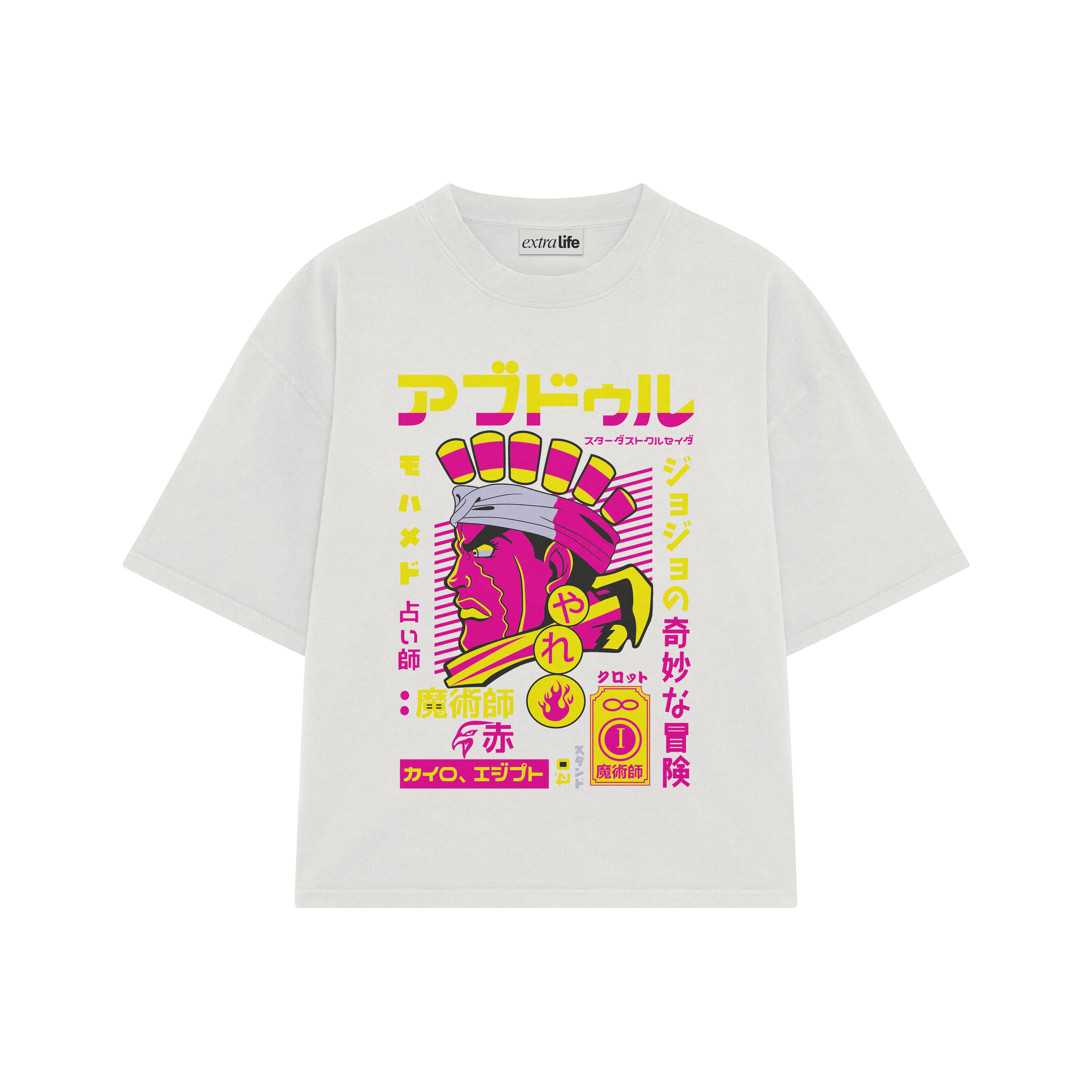 Playera streetwear premium de anime y gaming ExtraLife MX, corte boxy oversized drop shoulder heavyweight en color Deep Black y Off-White, moda urbana mexicana de culto.