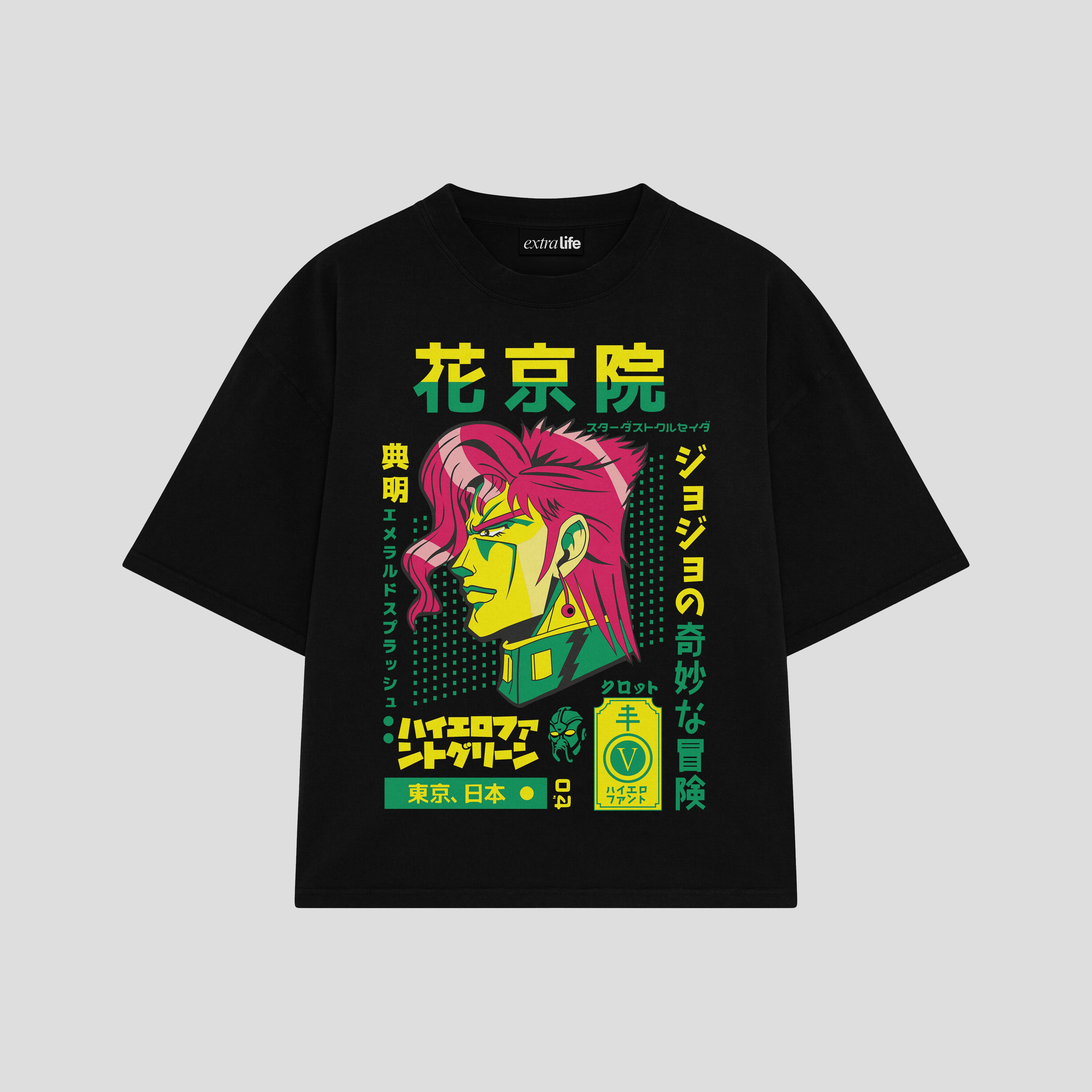 Playera streetwear premium de anime y gaming ExtraLife MX, corte boxy oversized drop shoulder heavyweight en color Deep Black y Off-White, moda urbana mexicana de culto.