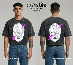 Playera streetwear premium de anime y gaming ExtraLife MX, corte boxy deluxe mineral wash heavyweight en color Acid Wash, moda urbana mexicana de culto.