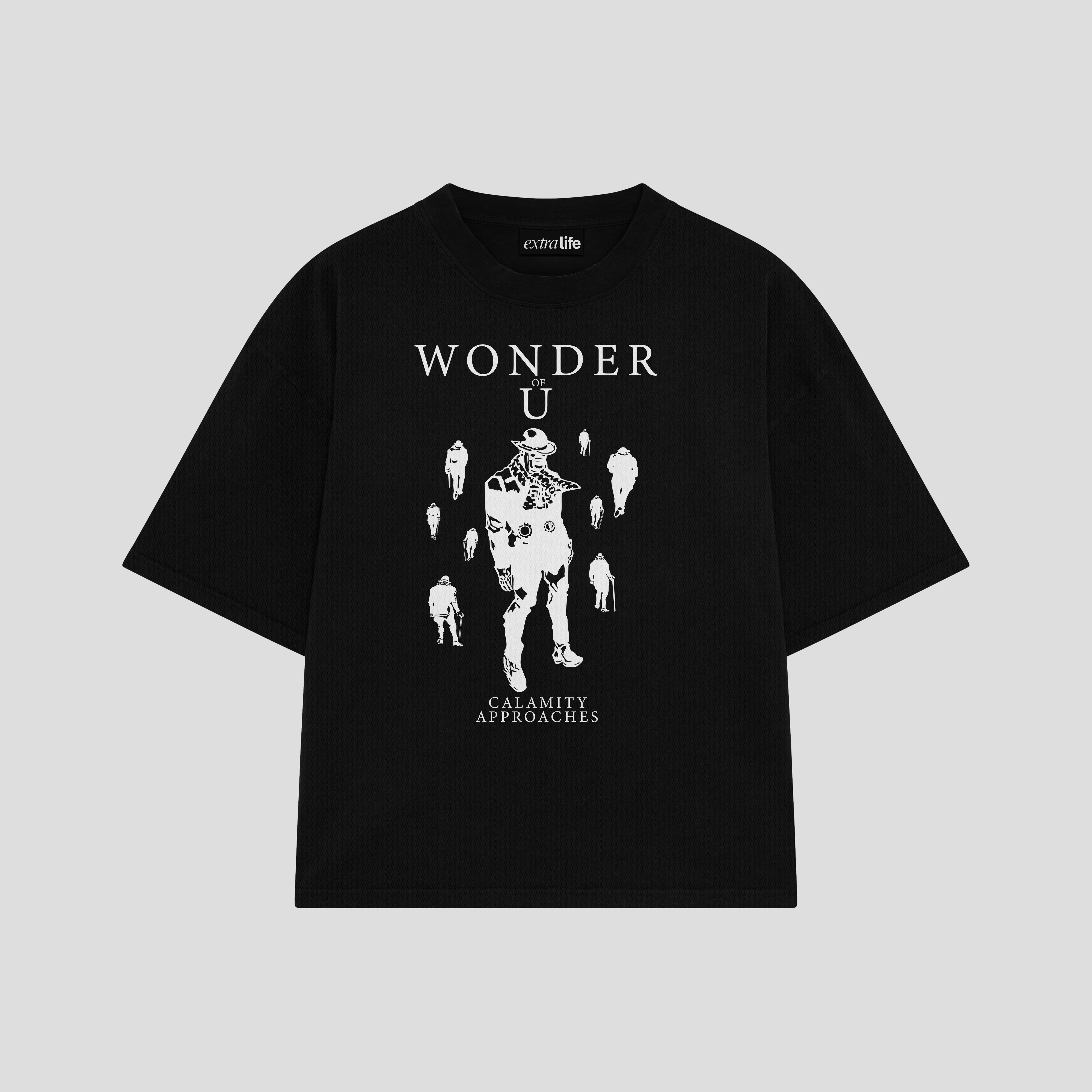 Playera streetwear premium de anime y gaming ExtraLife MX, corte boxy oversized drop shoulder heavyweight en color Deep Black y Off-White, moda urbana mexicana de culto.