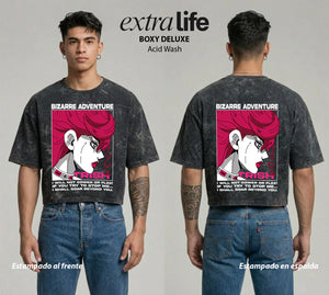 Playera streetwear premium de anime y gaming ExtraLife MX, corte boxy deluxe mineral wash heavyweight en color Acid Wash, moda urbana mexicana de culto.