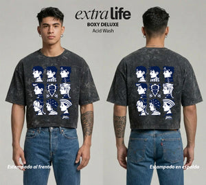 Playera streetwear premium de anime y gaming ExtraLife MX, corte boxy deluxe mineral wash heavyweight en color Acid Wash, moda urbana mexicana de culto.