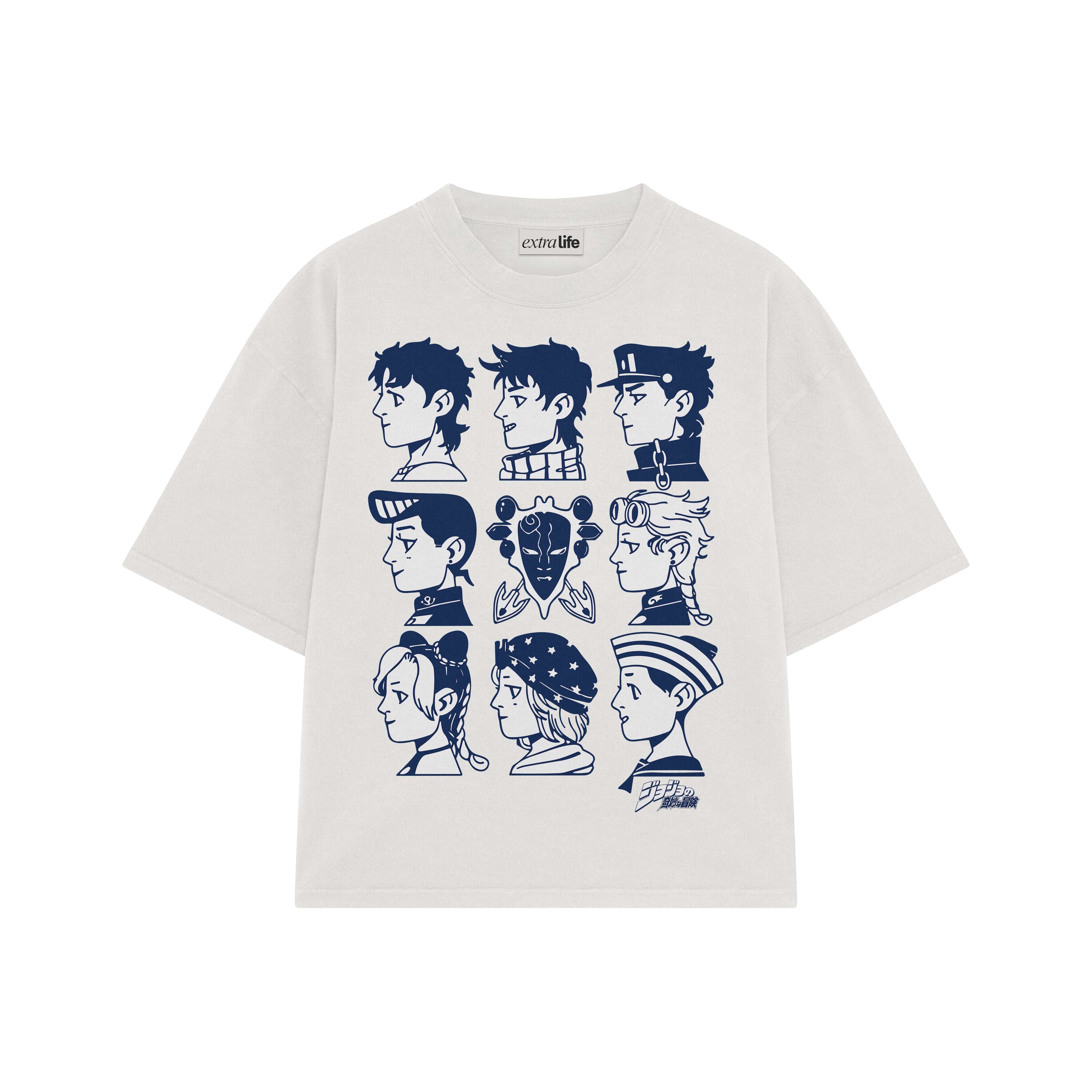 Playera streetwear premium de anime y gaming ExtraLife MX, corte boxy oversized drop shoulder heavyweight en color Deep Black y Off-White, moda urbana mexicana de culto.