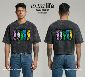 Playera streetwear premium de anime y gaming ExtraLife MX, corte boxy deluxe mineral wash heavyweight en color Acid Wash, moda urbana mexicana de culto.