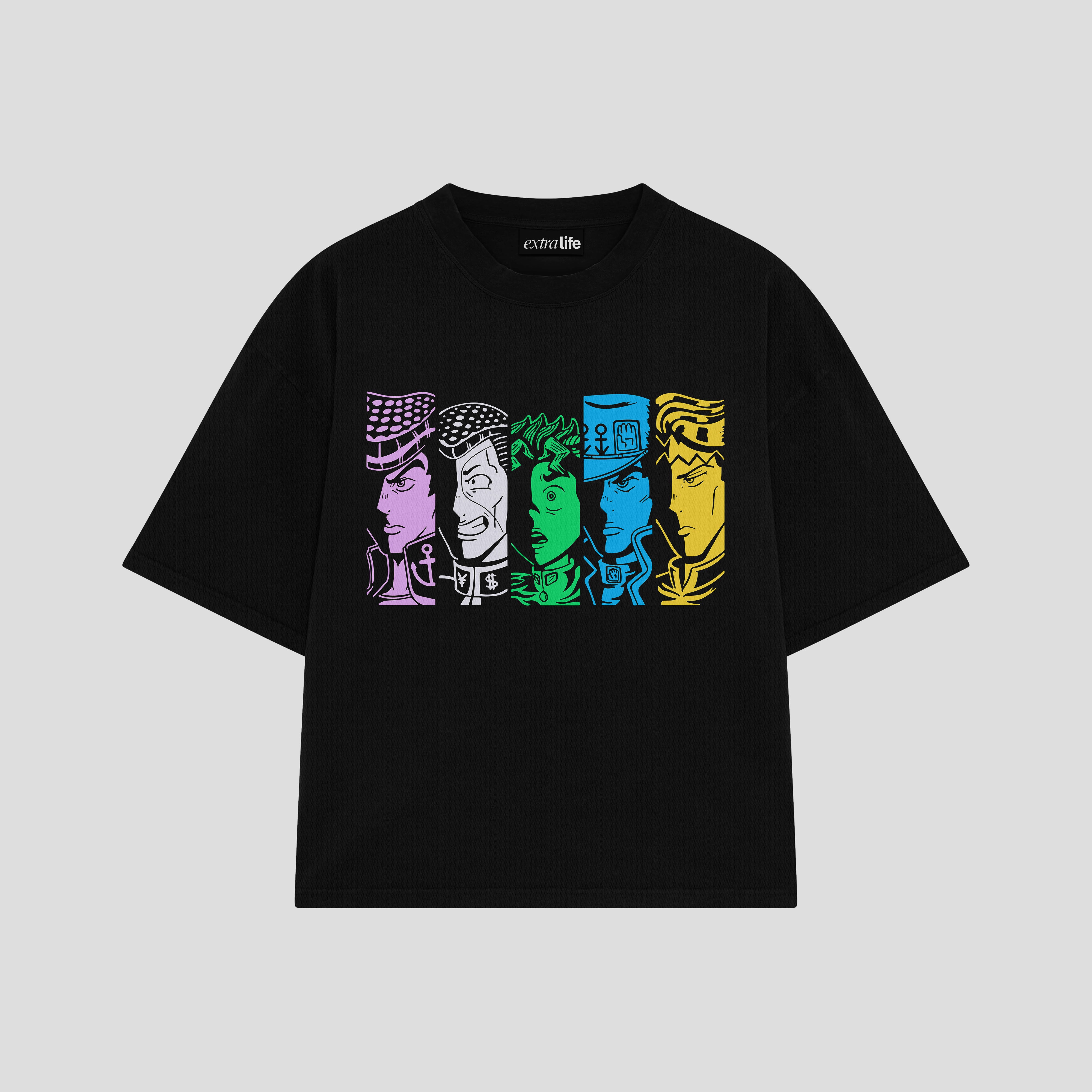 Playera streetwear premium de anime y gaming ExtraLife MX, corte boxy oversized drop shoulder heavyweight en color Deep Black y Off-White, moda urbana mexicana de culto.