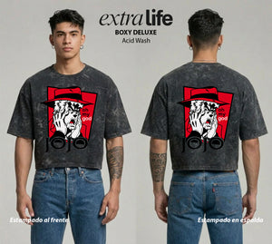 Playera streetwear premium de anime y gaming ExtraLife MX, corte boxy deluxe mineral wash heavyweight en color Acid Wash, moda urbana mexicana de culto.