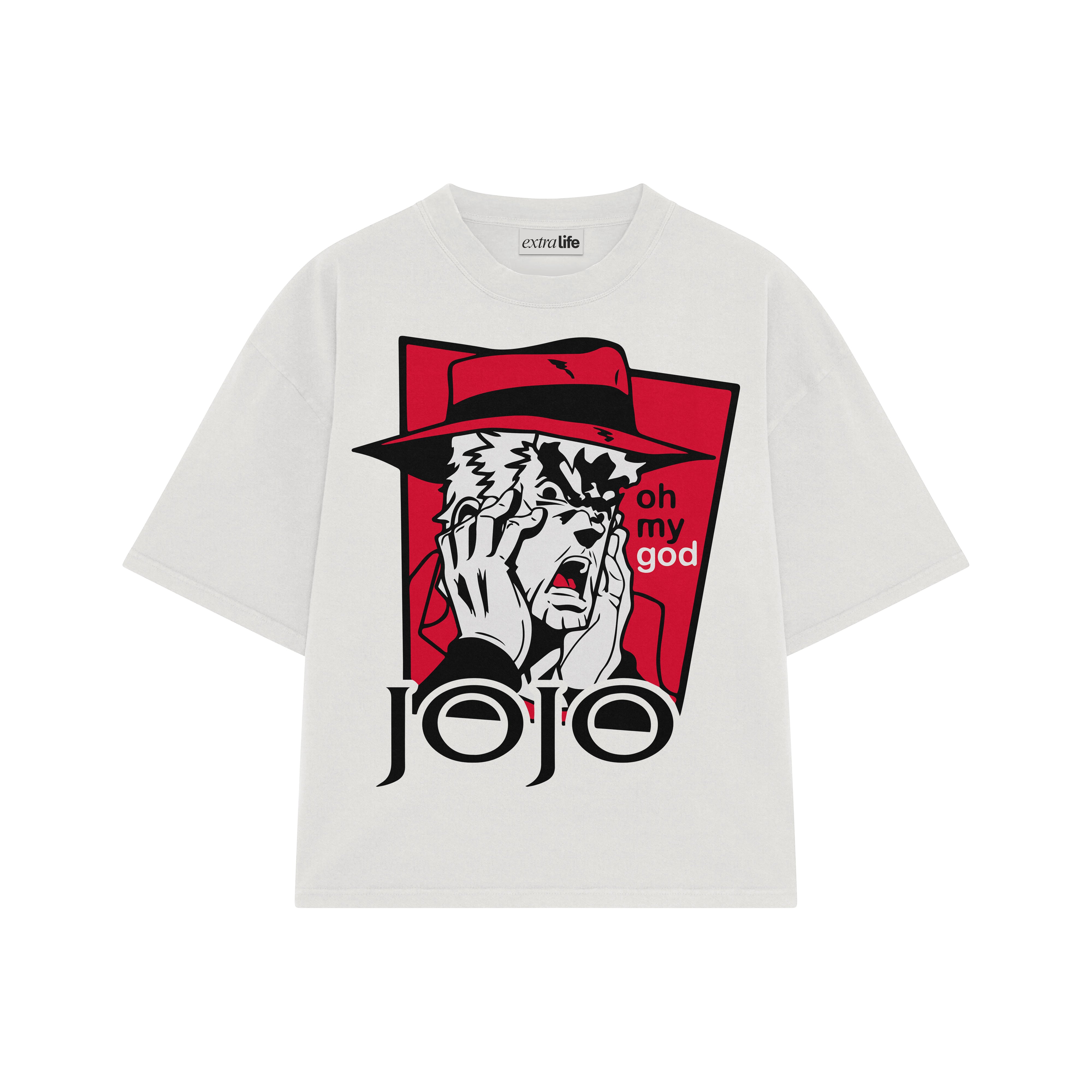Playera streetwear premium de anime y gaming ExtraLife MX, corte boxy oversized drop shoulder heavyweight en color Deep Black y Off-White, moda urbana mexicana de culto.