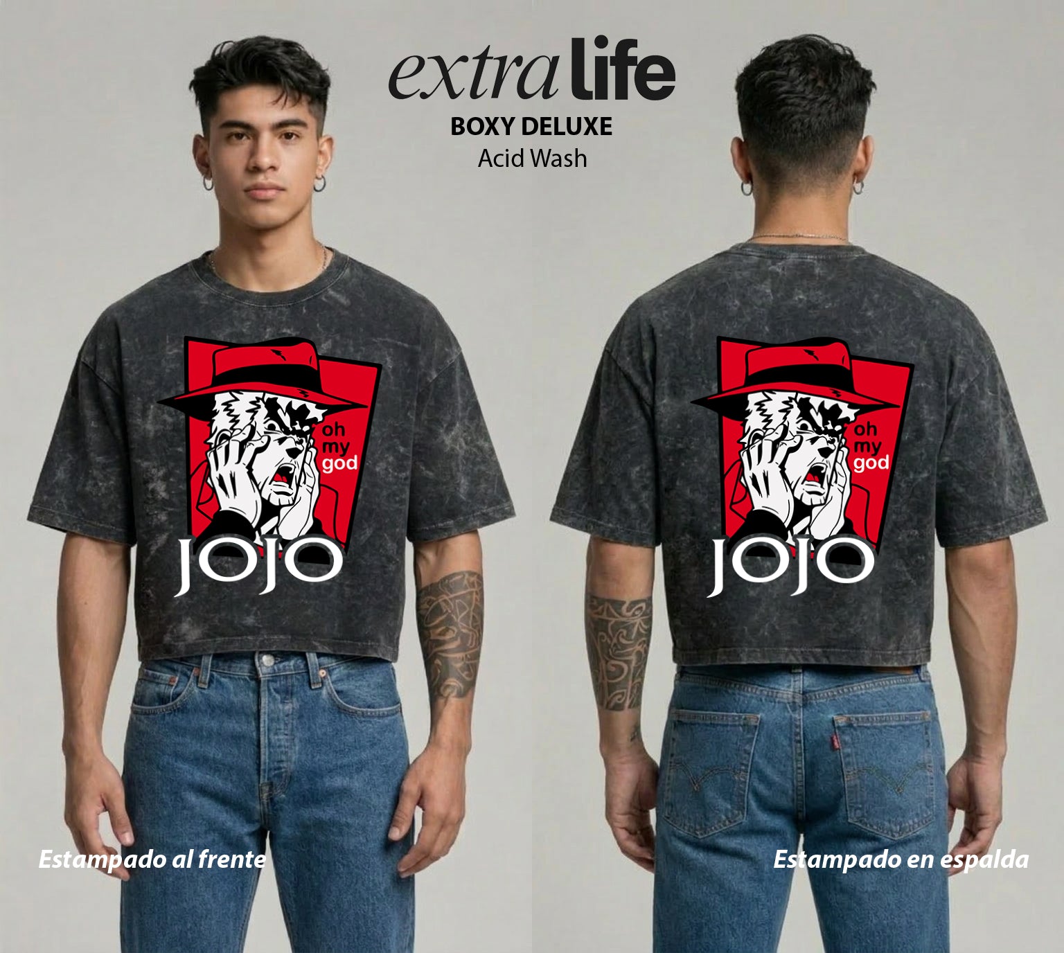 Playera streetwear premium de anime y gaming ExtraLife MX, corte boxy deluxe mineral wash heavyweight en color Acid Wash, moda urbana mexicana de culto.