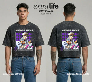 Playera streetwear premium de anime y gaming ExtraLife MX, corte boxy deluxe mineral wash heavyweight en color Acid Wash, moda urbana mexicana de culto.