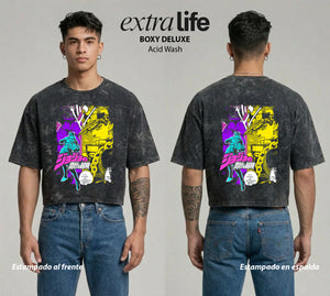 Playera streetwear premium de anime y gaming ExtraLife MX, corte boxy deluxe mineral wash heavyweight en color Acid Wash, moda urbana mexicana de culto.
