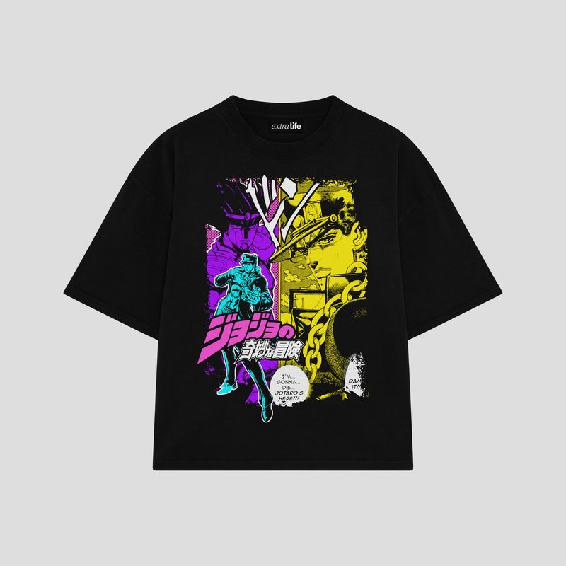 Playera streetwear premium de anime y gaming ExtraLife MX, corte boxy oversized drop shoulder heavyweight en color Deep Black y Off-White, moda urbana mexicana de culto.