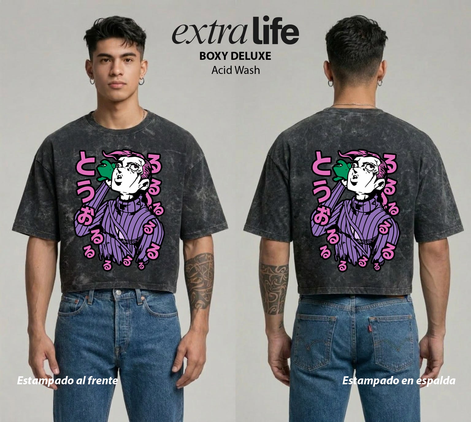 Playera streetwear premium de anime y gaming ExtraLife MX, corte boxy deluxe mineral wash heavyweight en color Acid Wash, moda urbana mexicana de culto.