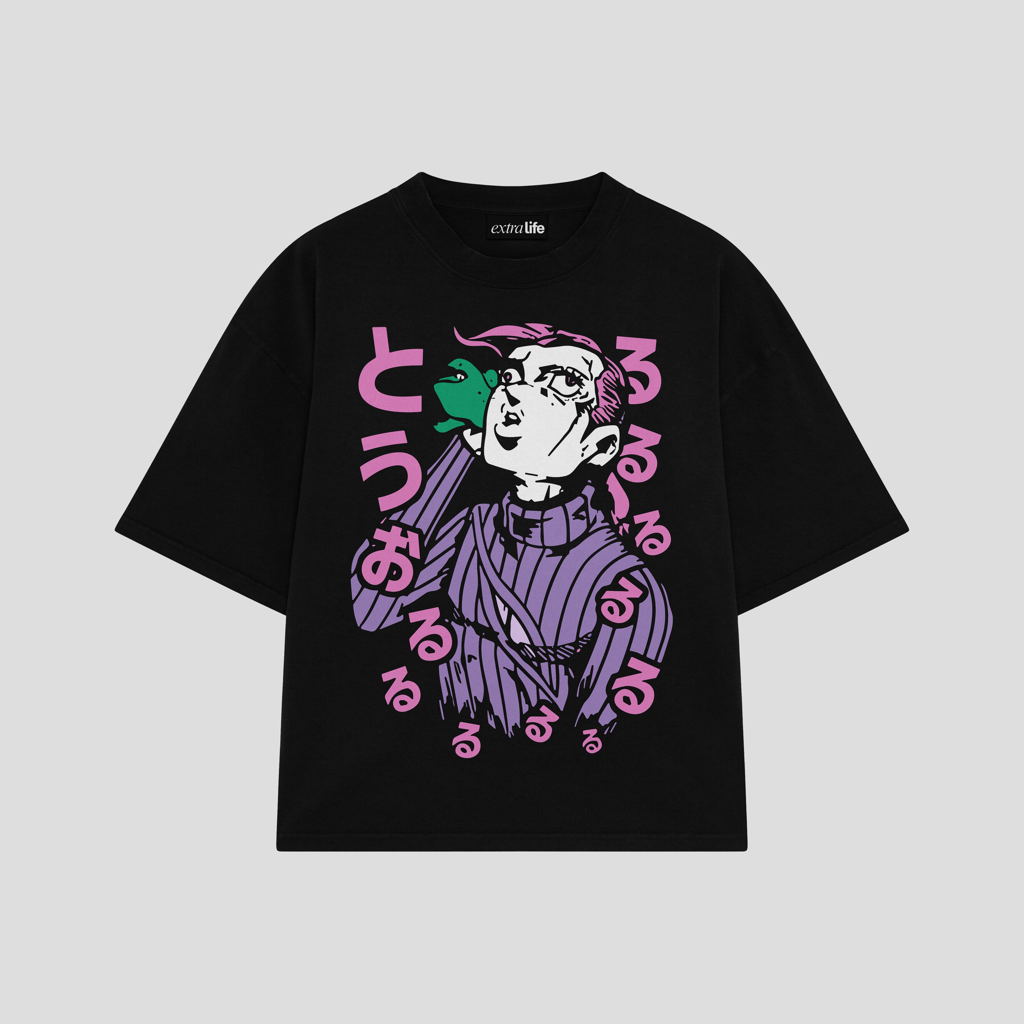 Playera streetwear premium de anime y gaming ExtraLife MX, corte boxy oversized drop shoulder heavyweight en color Deep Black y Off-White, moda urbana mexicana de culto.