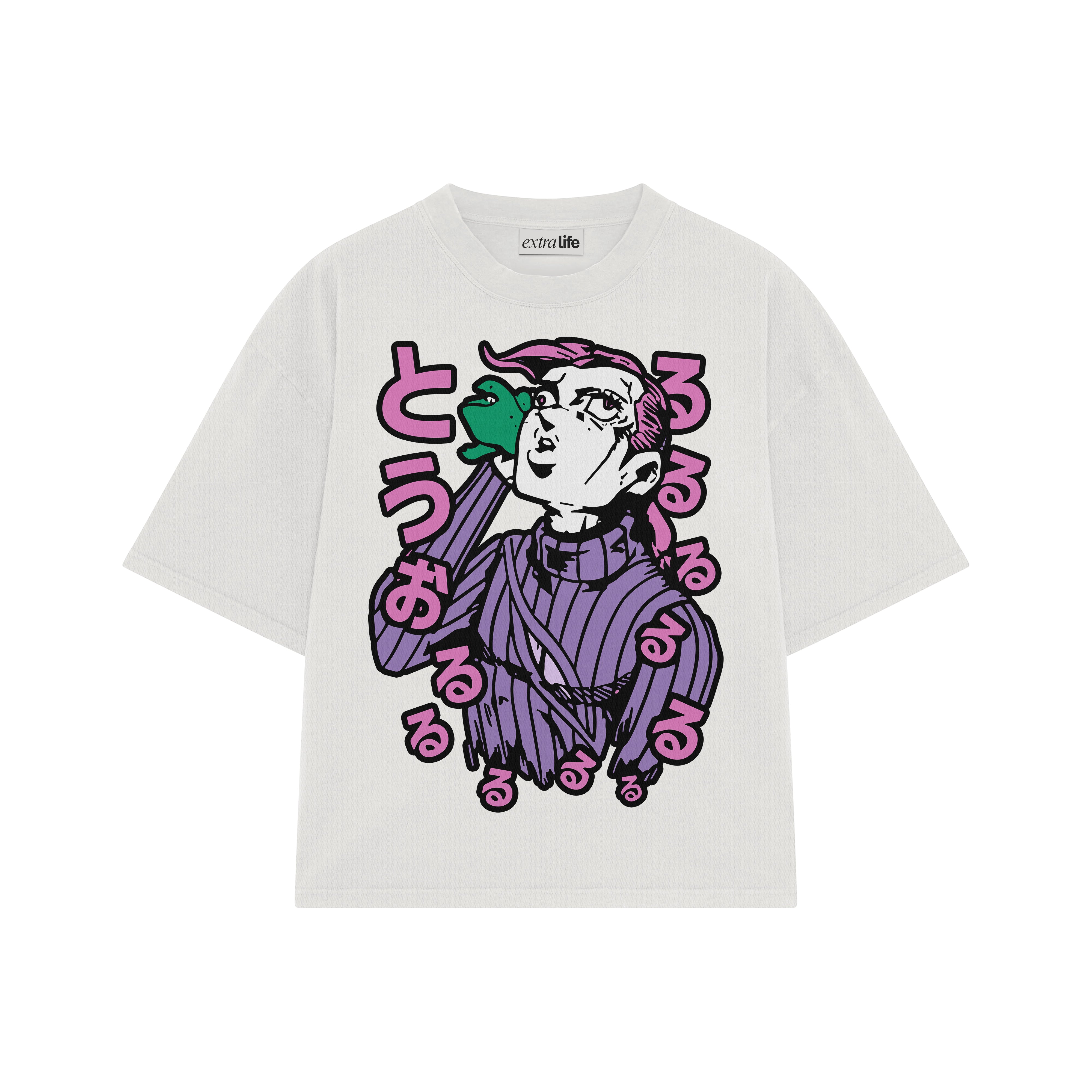 Playera streetwear premium de anime y gaming ExtraLife MX, corte boxy oversized drop shoulder heavyweight en color Deep Black y Off-White, moda urbana mexicana de culto.