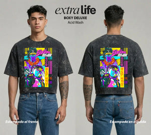 Playera streetwear premium de anime y gaming ExtraLife MX, corte boxy deluxe mineral wash heavyweight en color Acid Wash, moda urbana mexicana de culto.