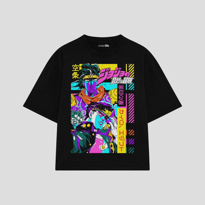 Playera streetwear premium de anime y gaming ExtraLife MX, corte boxy oversized drop shoulder heavyweight en color Deep Black y Off-White, moda urbana mexicana de culto.