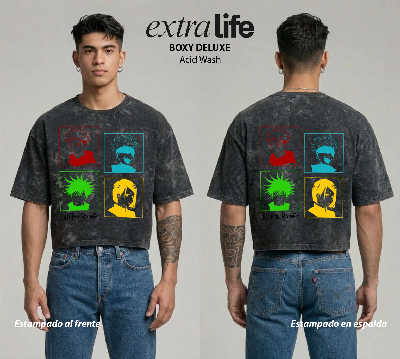 Playera streetwear premium de anime y gaming ExtraLife MX, corte boxy deluxe mineral wash heavyweight en color Acid Wash, moda urbana mexicana de culto.