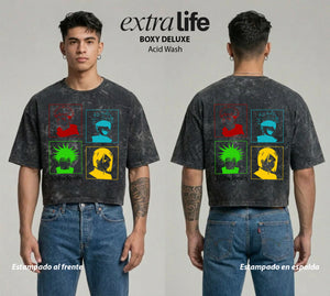 Playera streetwear premium de anime y gaming ExtraLife MX, corte boxy deluxe mineral wash heavyweight en color Acid Wash, moda urbana mexicana de culto.