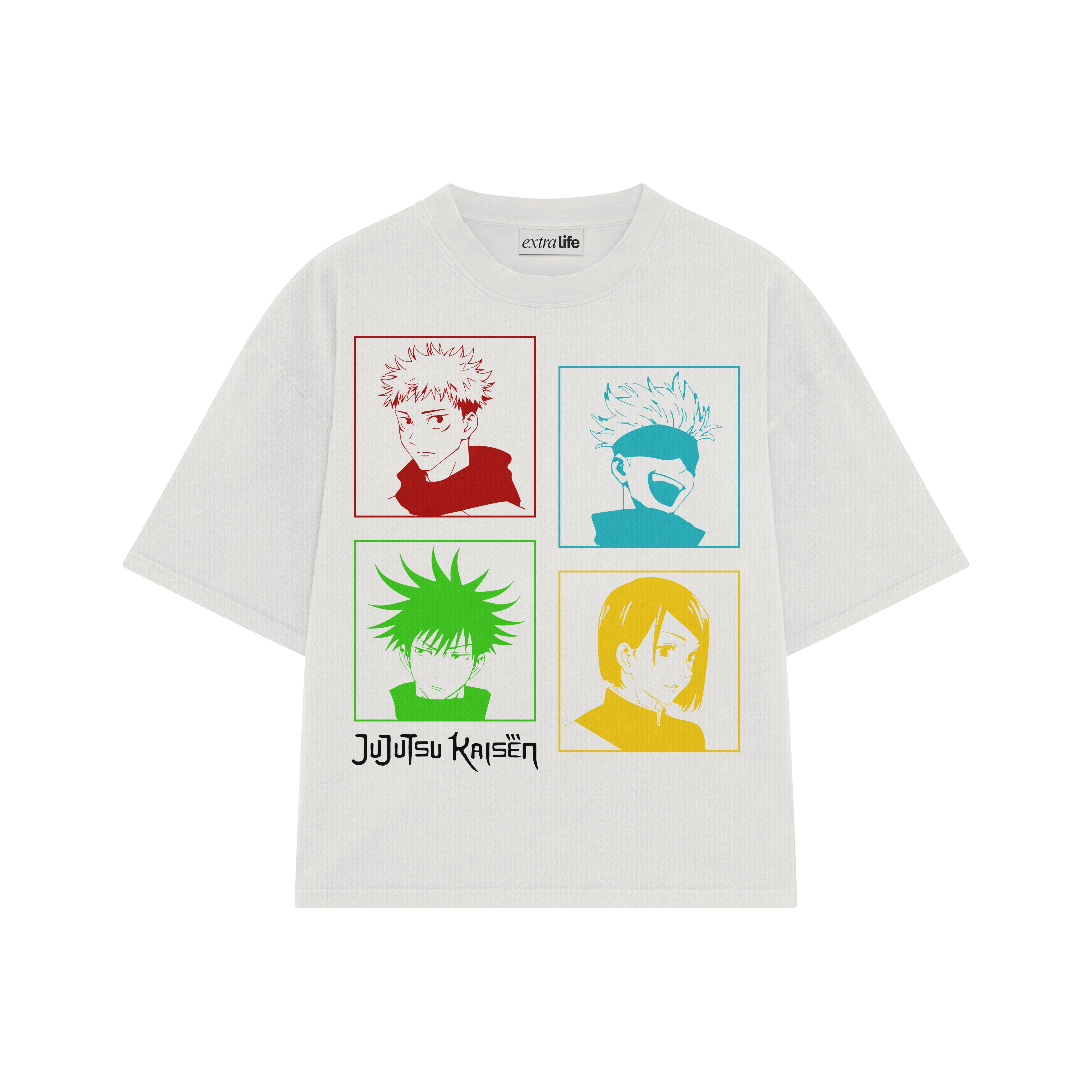 Playera streetwear premium de anime y gaming ExtraLife MX, corte boxy oversized drop shoulder heavyweight en color Deep Black y Off-White, moda urbana mexicana de culto.