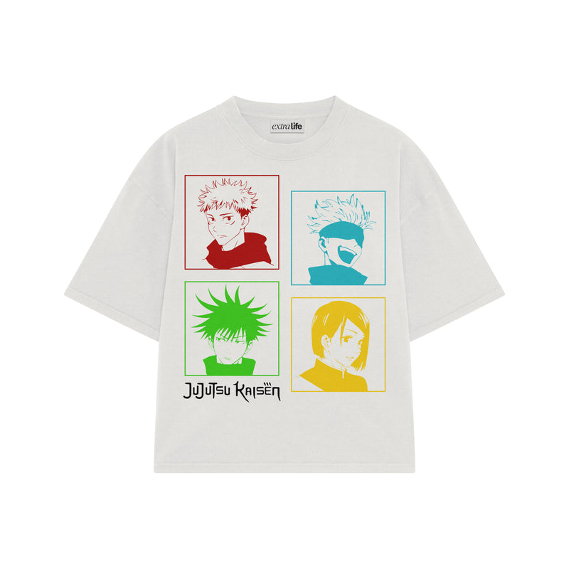Playera streetwear premium de anime y gaming ExtraLife MX, corte boxy oversized drop shoulder heavyweight en color Deep Black y Off-White, moda urbana mexicana de culto.