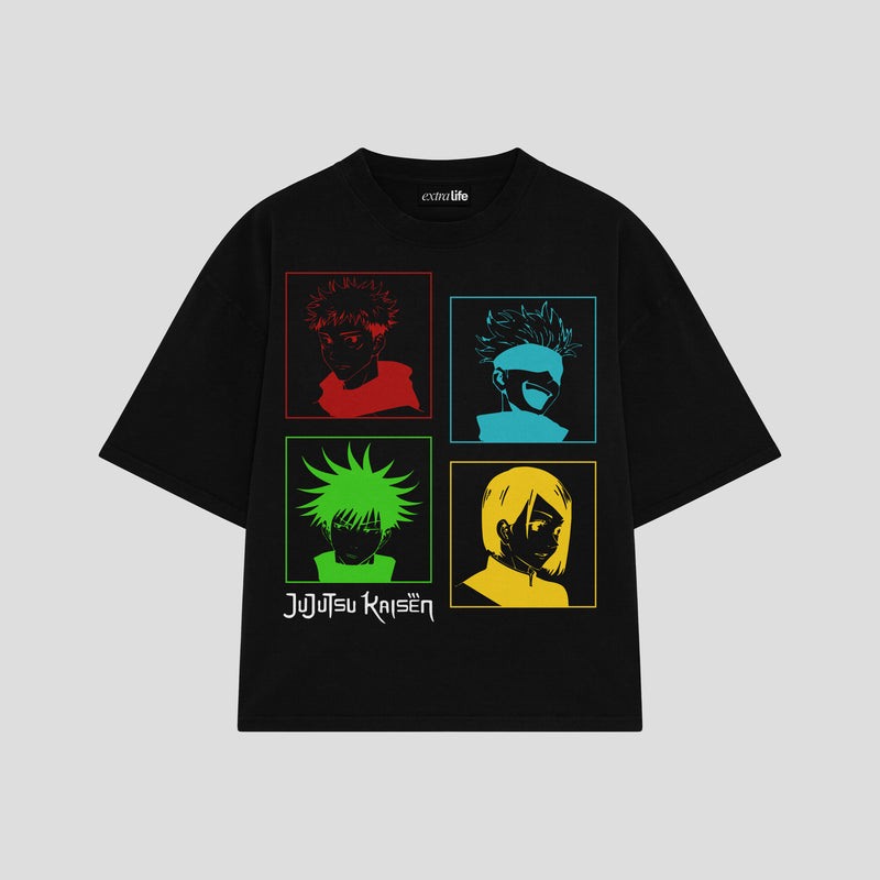 Playera streetwear premium de anime y gaming ExtraLife MX, corte boxy oversized drop shoulder heavyweight en color Deep Black y Off-White, moda urbana mexicana de culto.