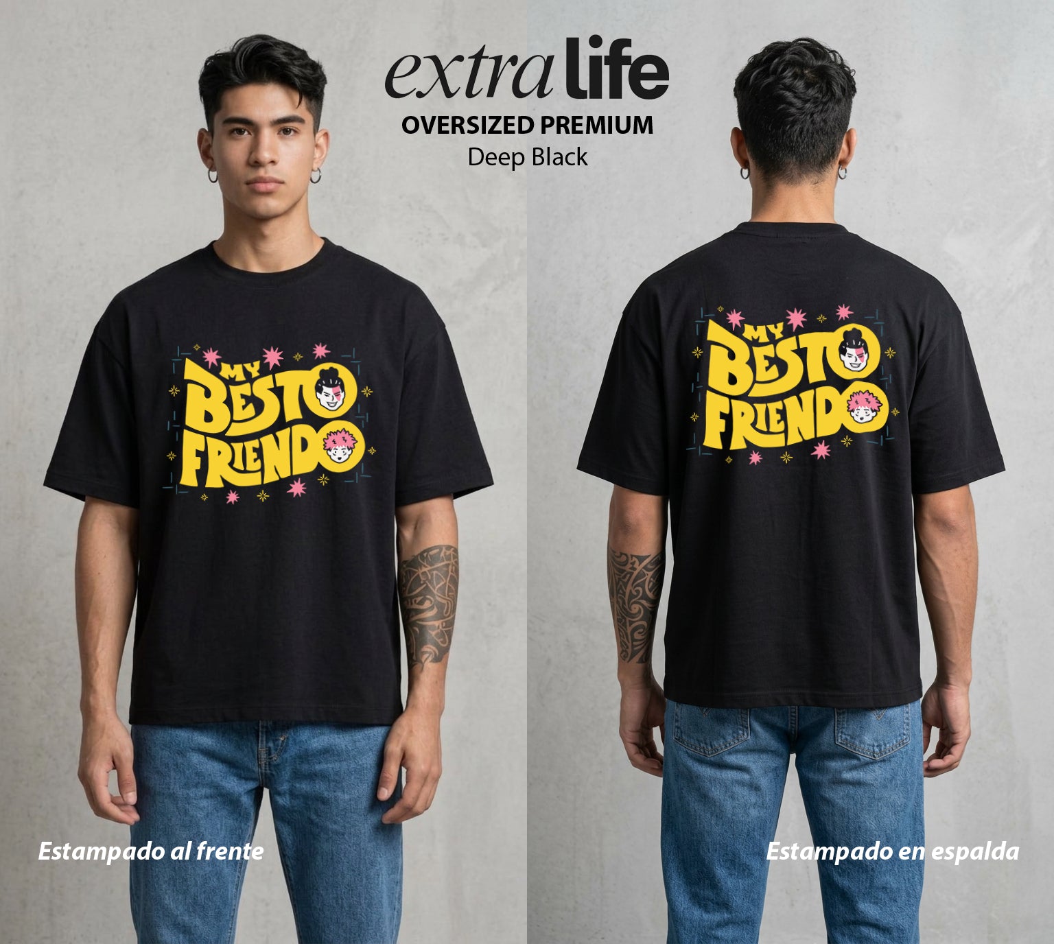 El Arte de las Maldiciones | El Mejor Amigo #01800 - Playera Oversized Premium | Deep Black - Foto en modelo